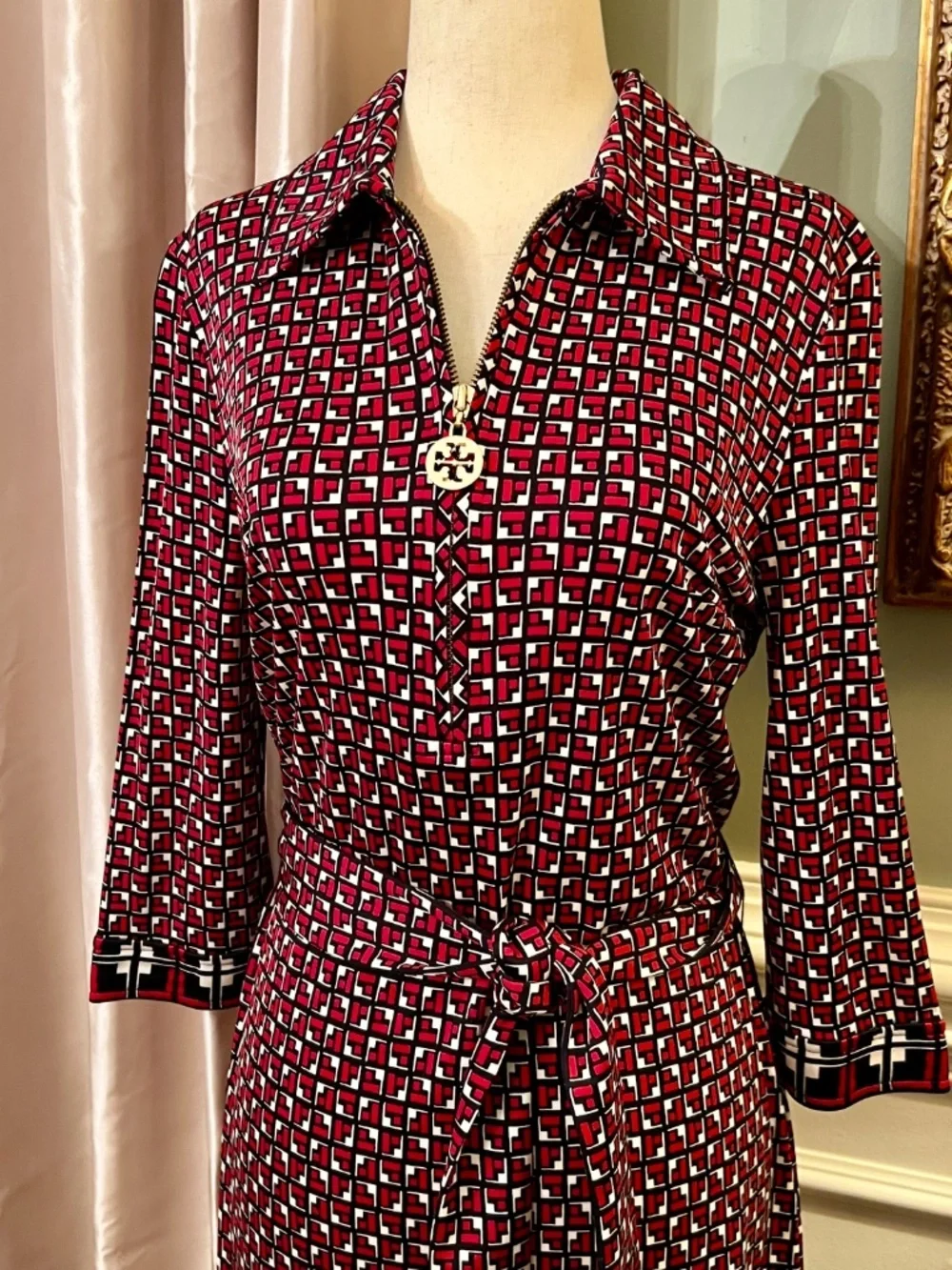 NWOT Tory Burch Belted Red Ivory Navy Print Silk Knit Dress Size SMALL